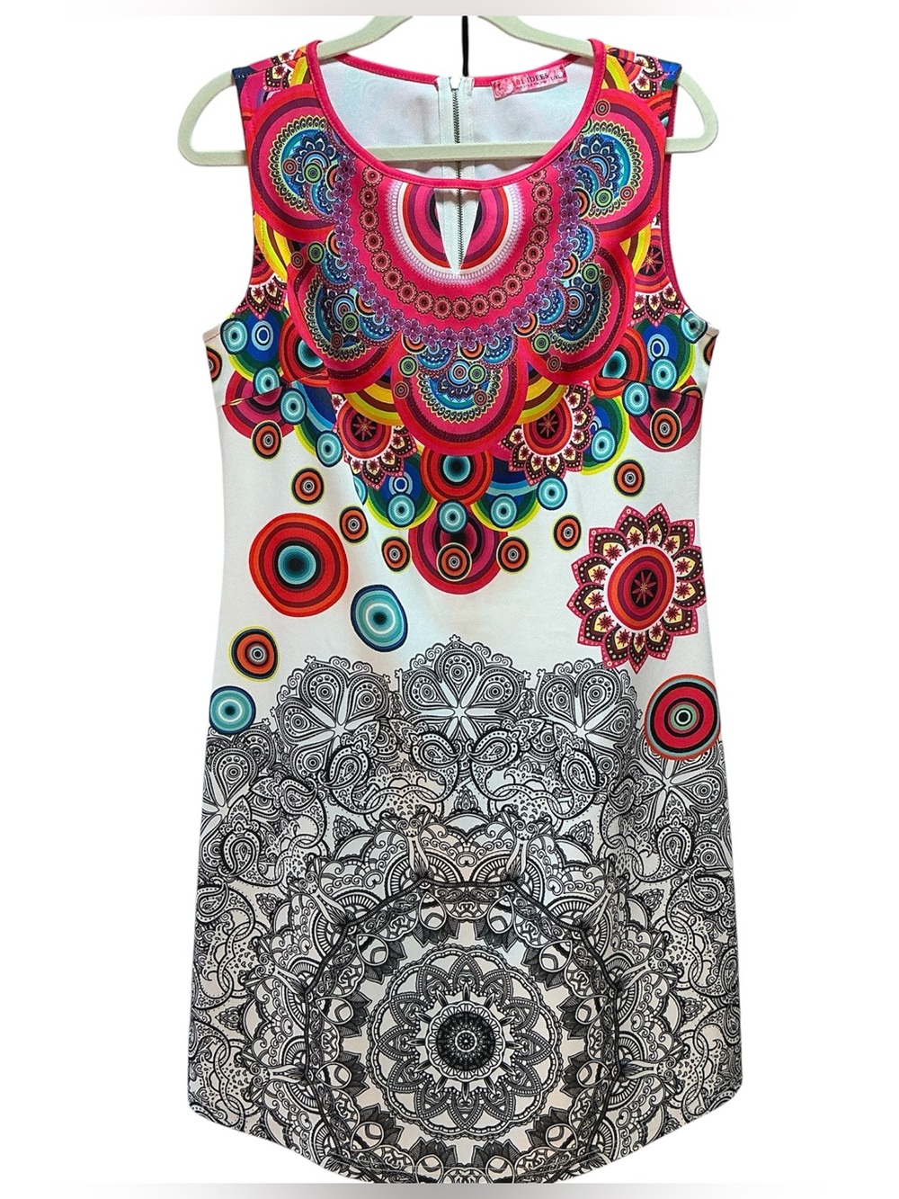 101 Idees Dress Large Multicolor Mandala Shift Mini Sleeveless Art Pop Colorful